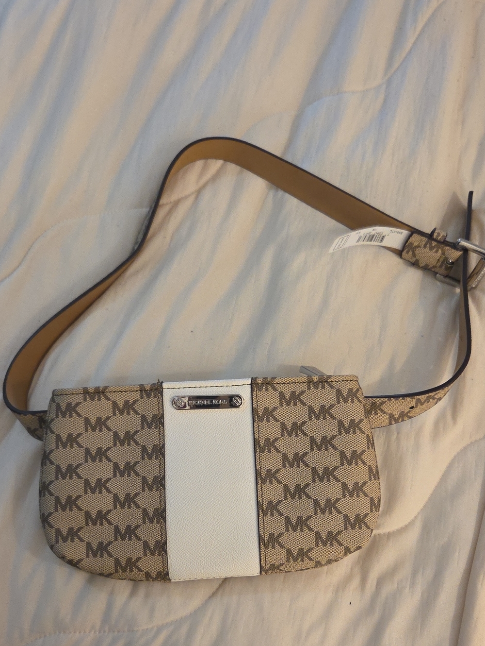 Michael Kors Beige Monogram Crossbody Belt Bag with White Center Panel